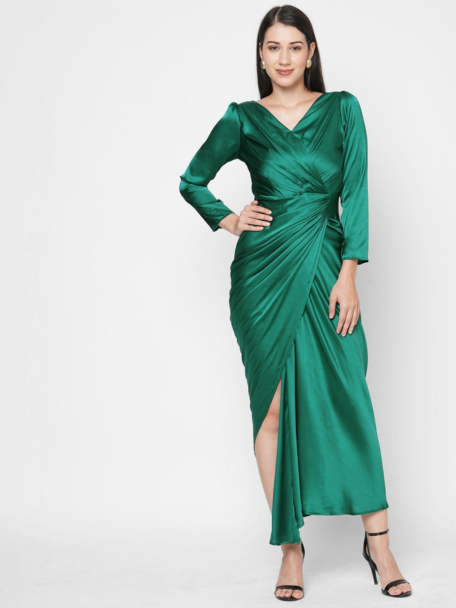 green stain wrap style ruched detail maxi dress