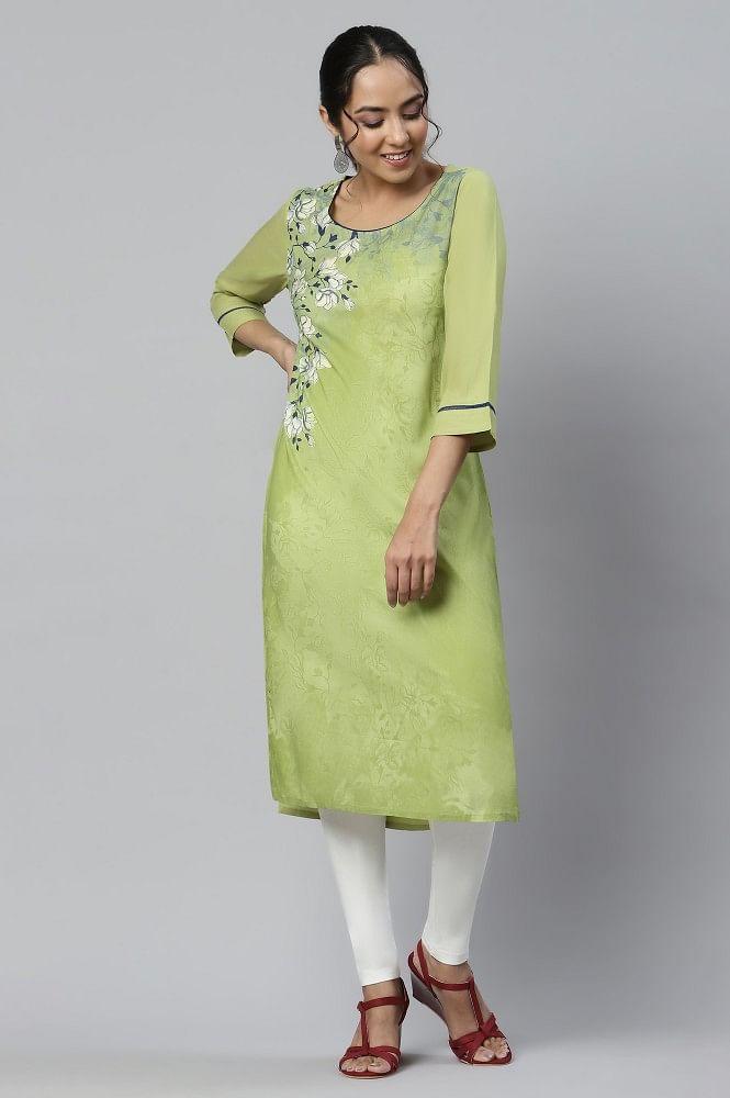 green straight liva kurta with floral motifs