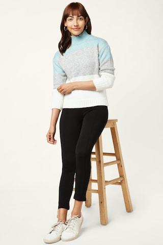 green stripe casual full sleeves high neck women regular fit sweater