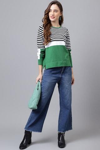 green stripe casual full sleeves round neck women classic fit sweater