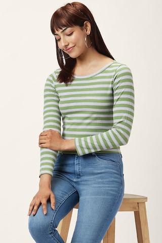 green stripe casual full sleeves round neck women regular fit t-shirt