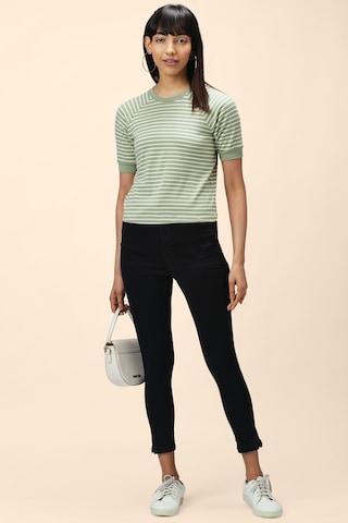 green stripe casual half sleeves crew neck women regular fit t-shirt