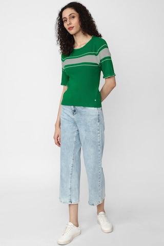 green stripe casual half sleeves round neck women regular fit top