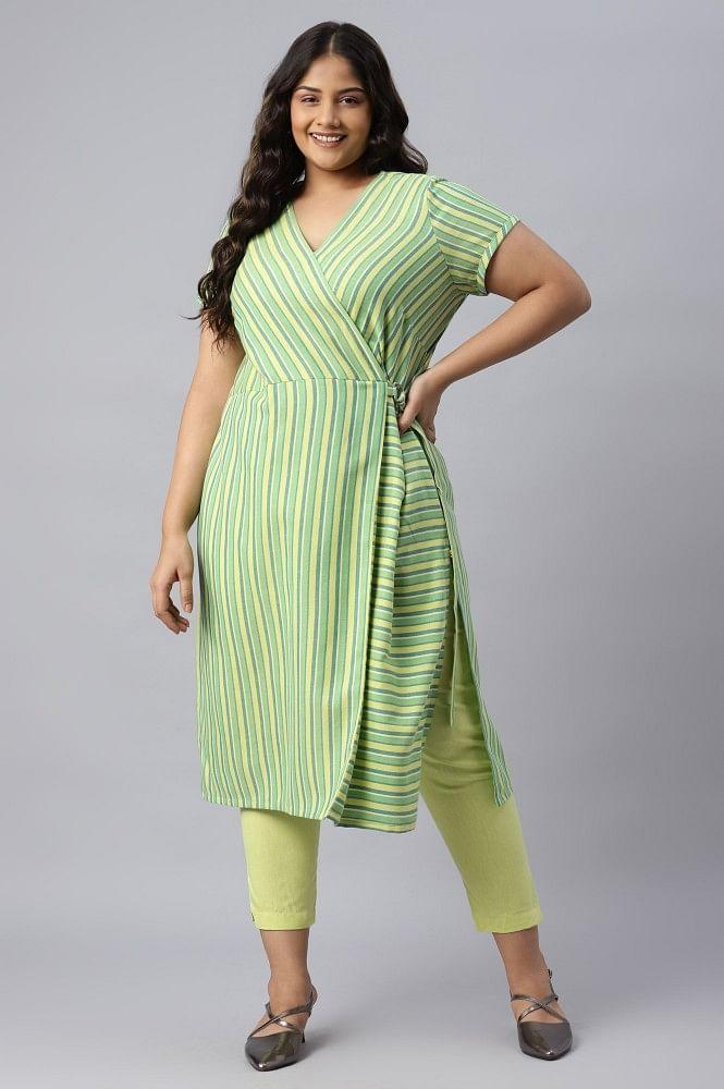 green stripe cotton plus size kurta with side buckle