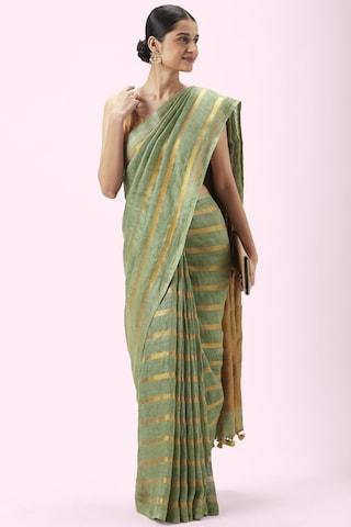 green stripe linen sari