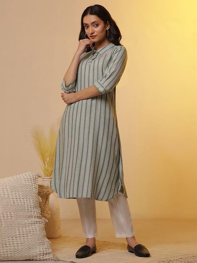 green stripe printed shirt collar kurta and trousers set