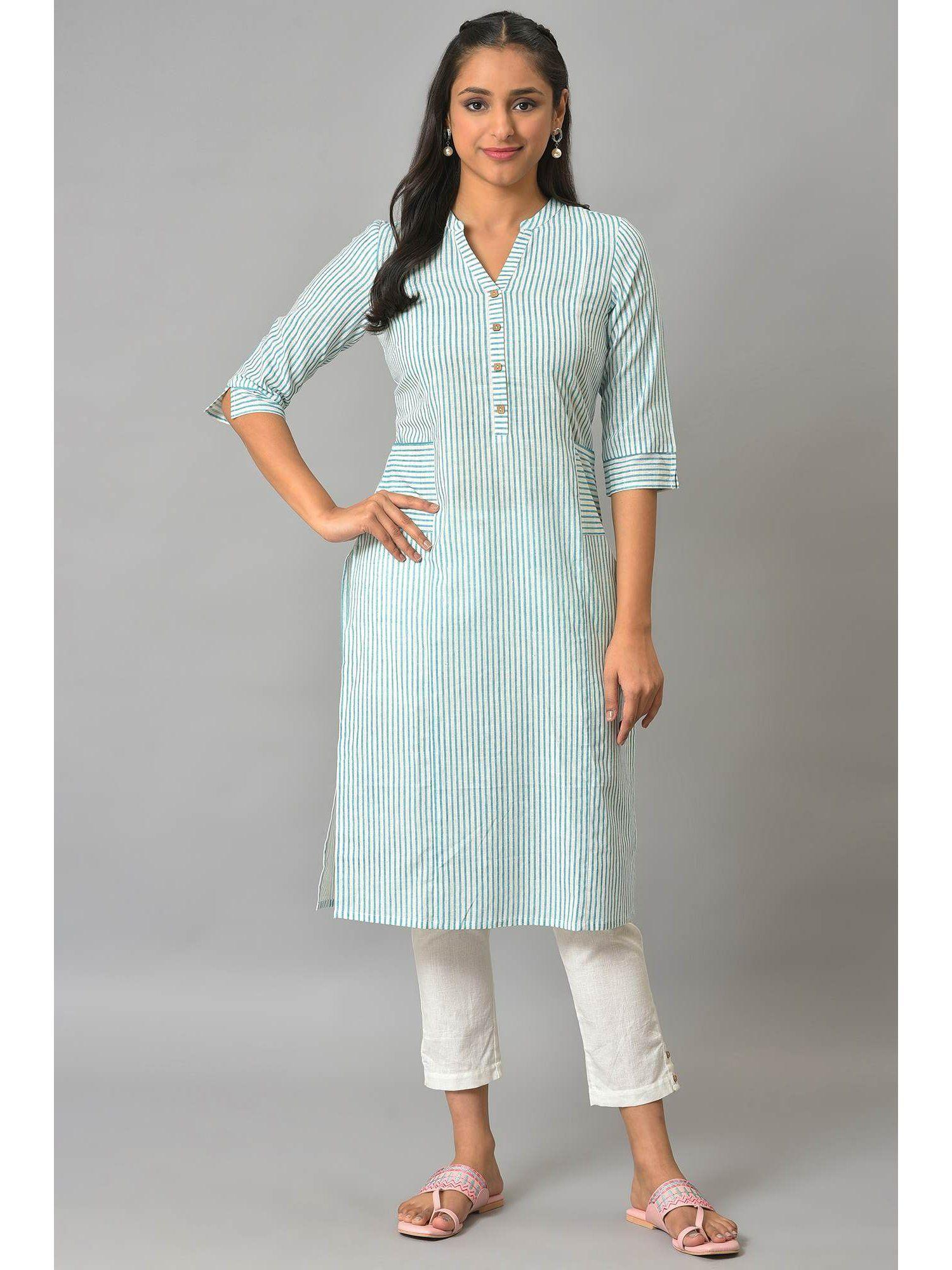 green stripe printed straight kurta