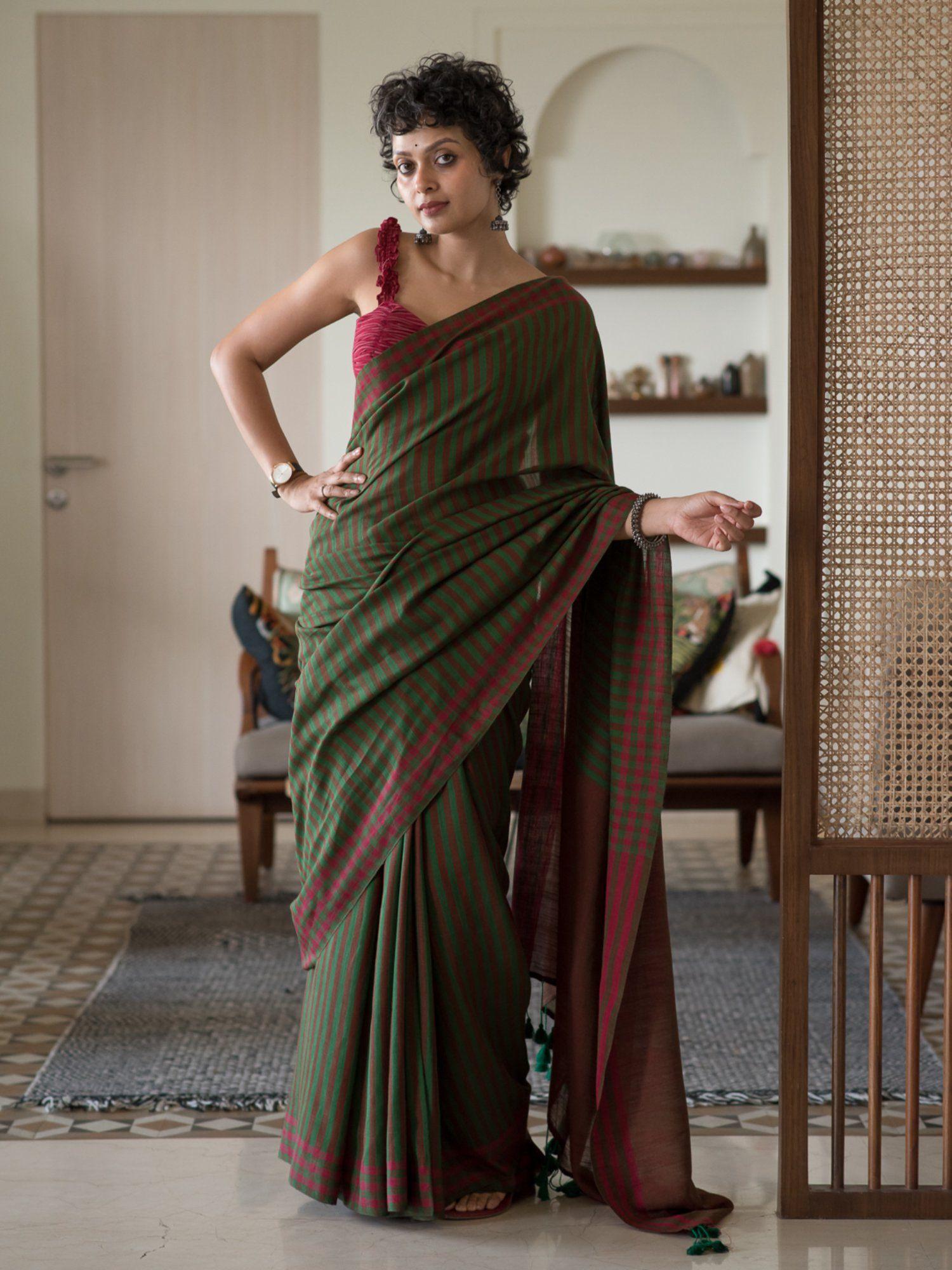 green stripe pure cotton saree with unstitched blouse