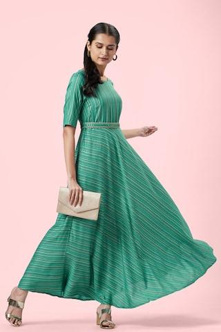 green stripe round neck ethnic full length half sleeves women regular fit dress