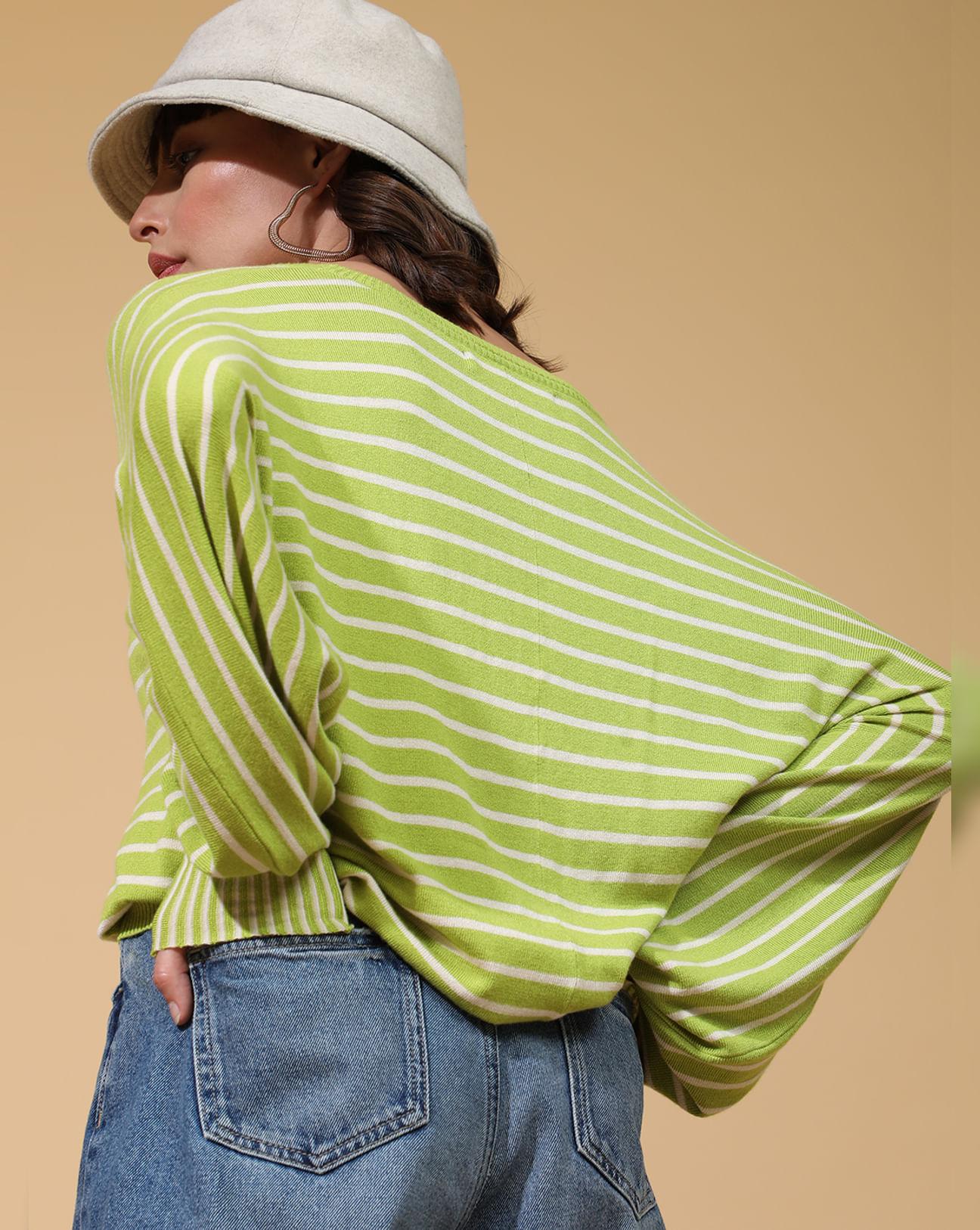 green striped balloon sleeves pullover