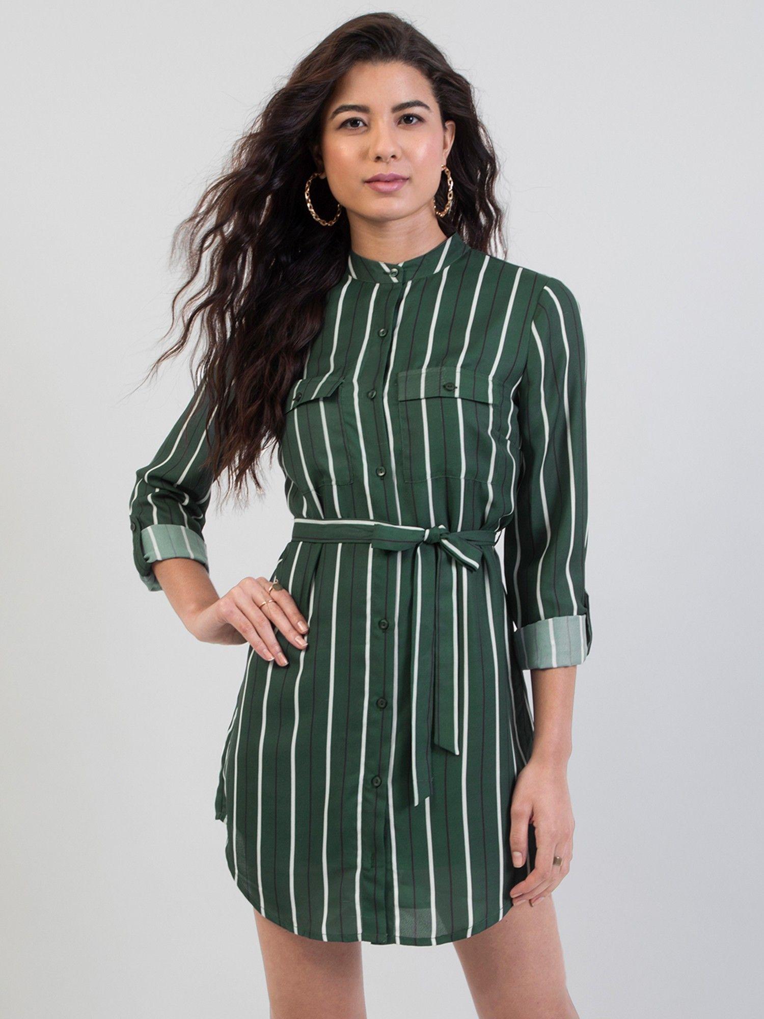 green striped belted shirt dress (set of 2)