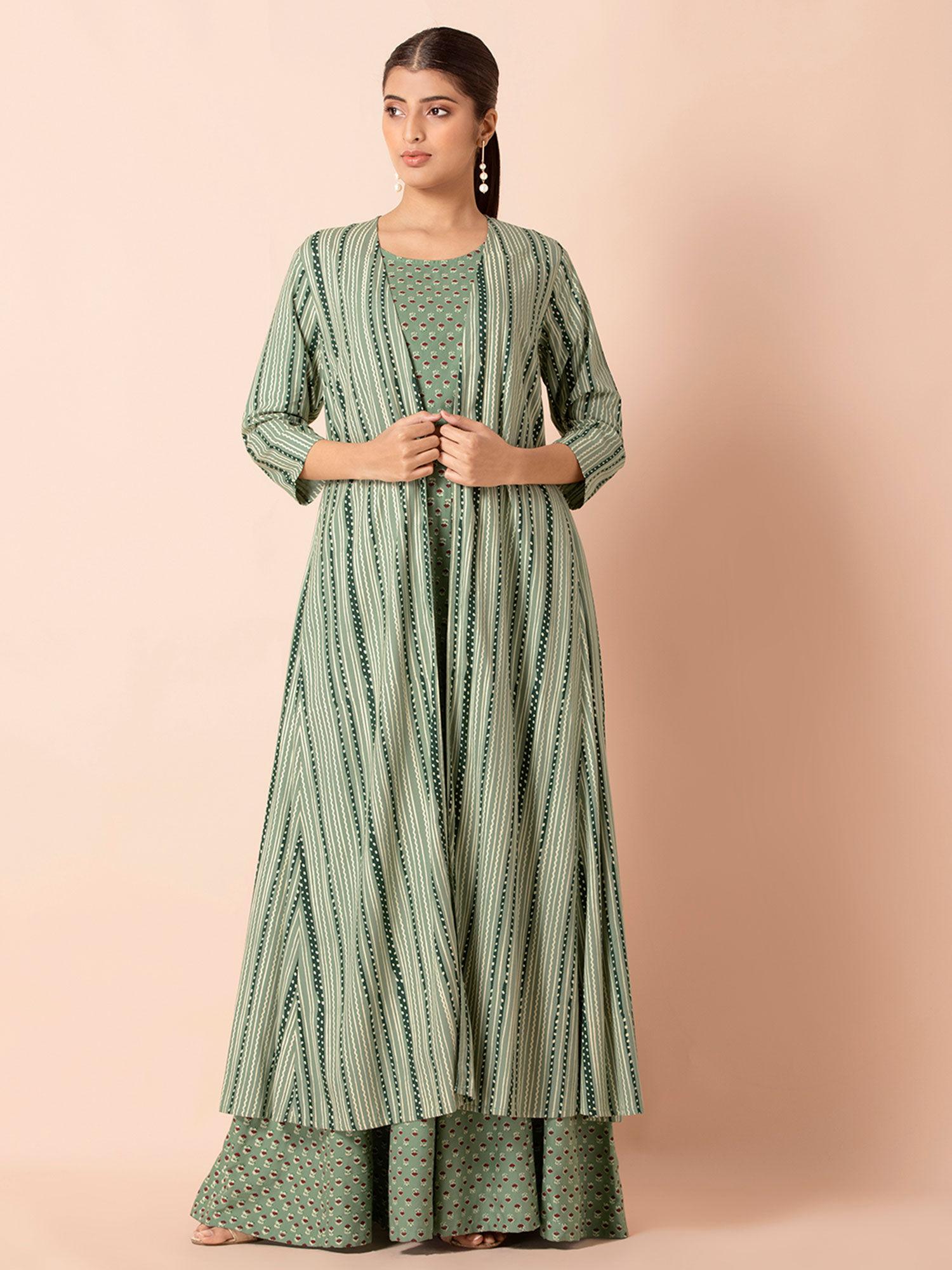 green striped flared maxi jacket