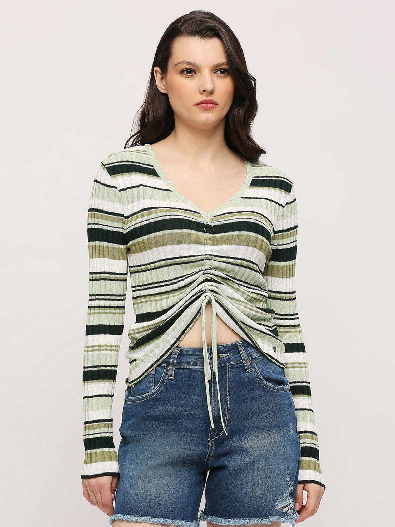 green striped full sleeved flat knit top