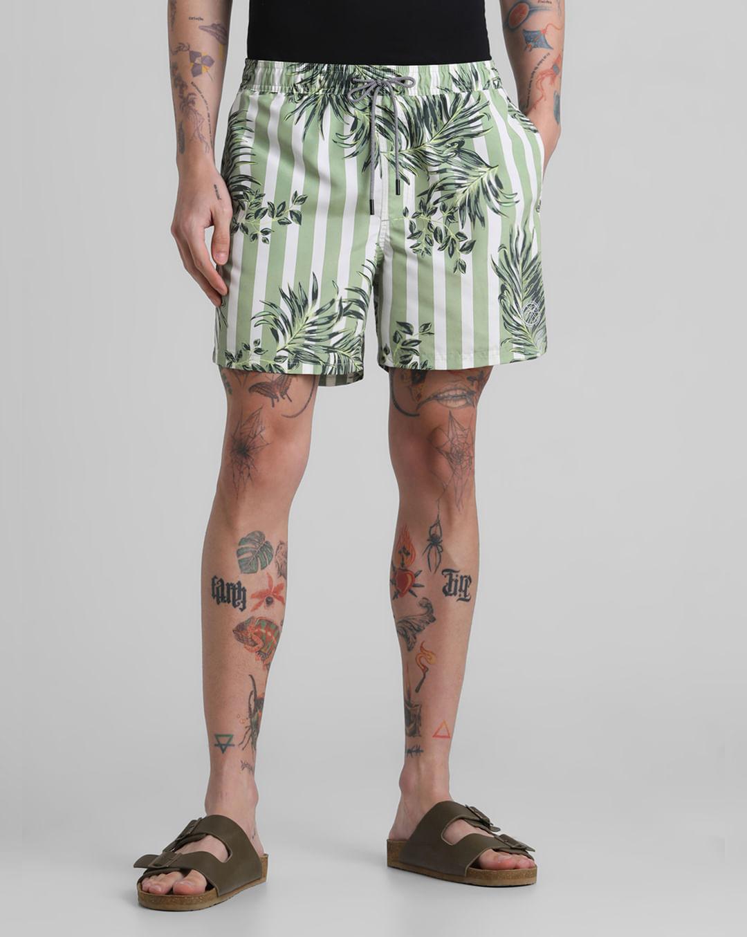 green striped print swim shorts
