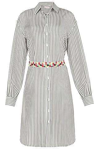 green striped shirt dress with multi color beaded belt