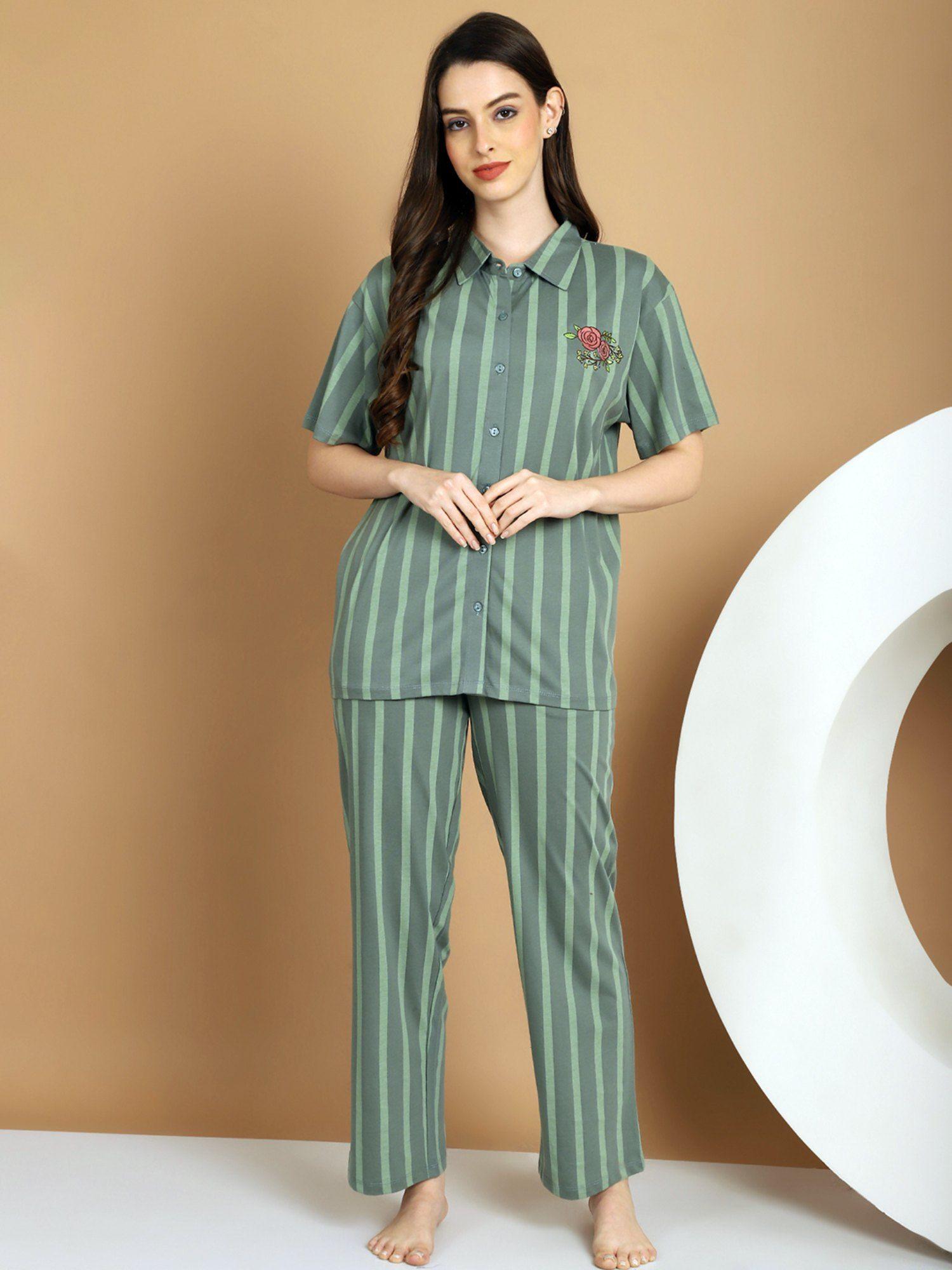 green stripes pure cotton night suit (set of 2)