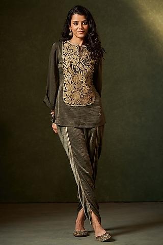 green suede aari embroidered short tunic set