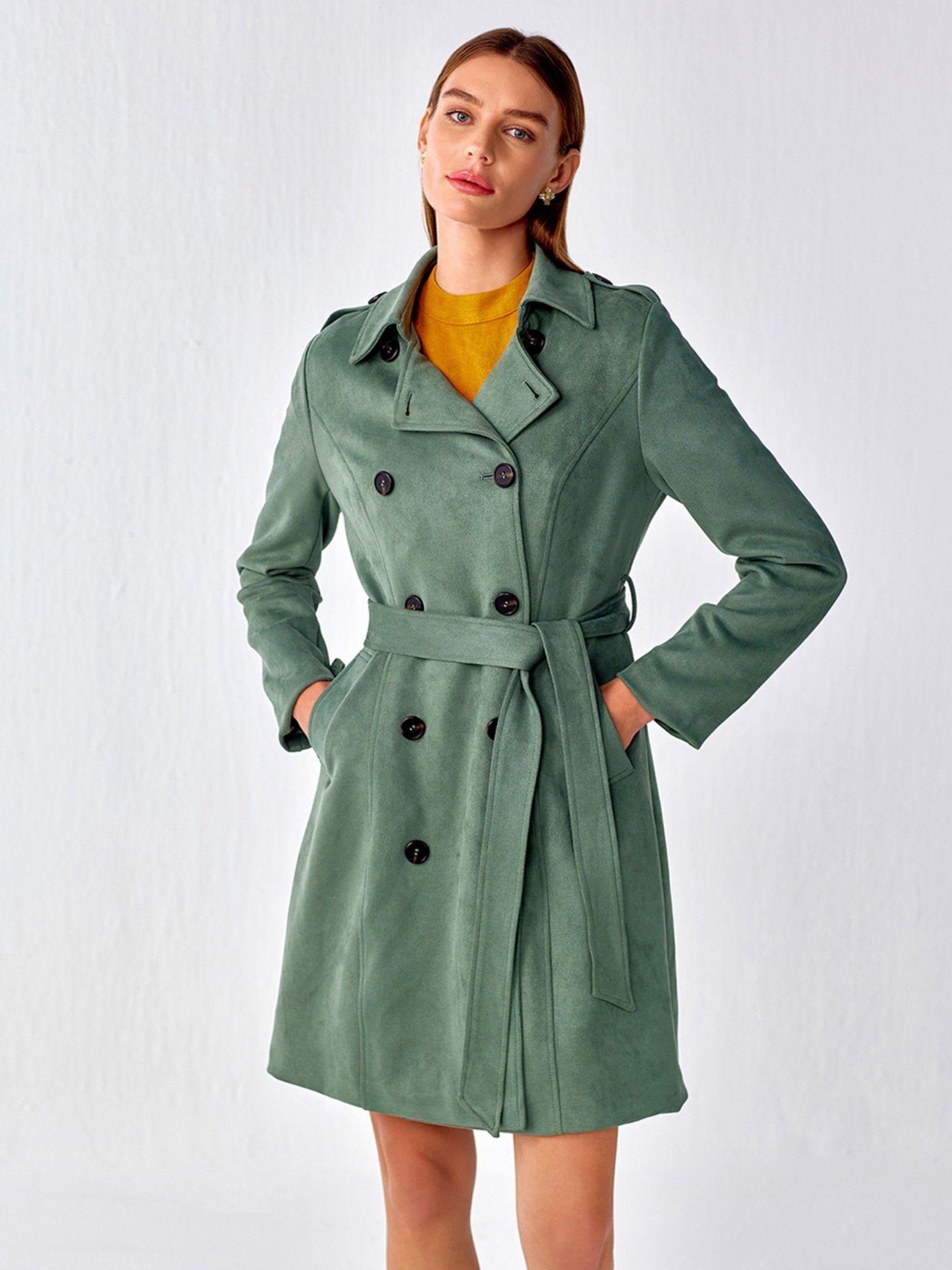 green suede double breasted long coat with belt (set of 2)