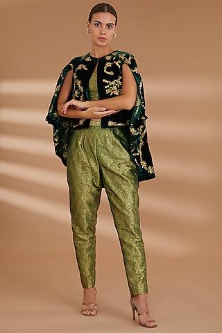 green suede embroidered cape set