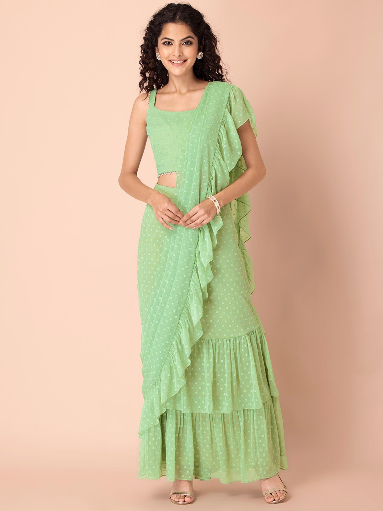 green swiss dot ruffled pre draped saree without blouse