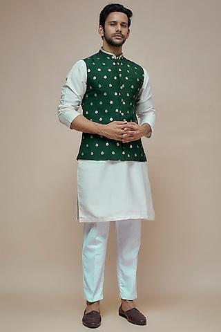 green synthetic silk motif embroidered nehru jacket