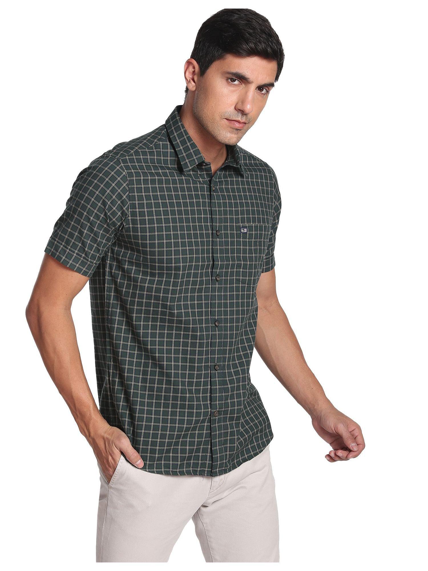 green tartan check short sleeve casual shirt