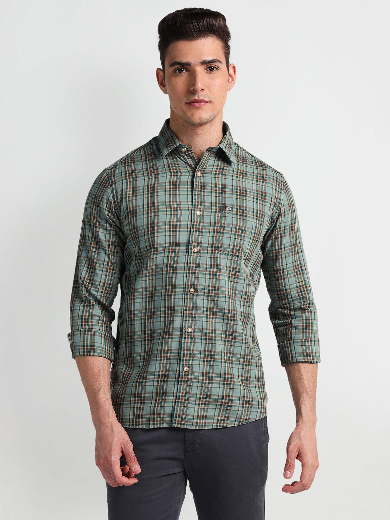 green tartan check twill casual shirt