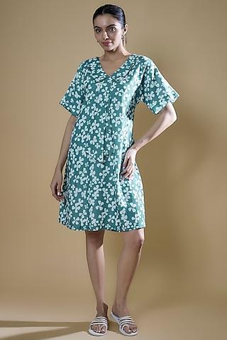 green tencel linen printed boho dress