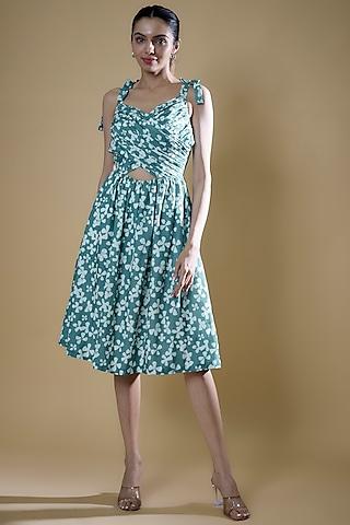 green tencel linen printed cut-out dress