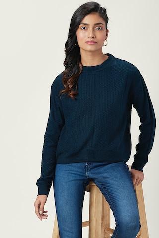 green textured casual full sleeves crew neck women regular fit sweater