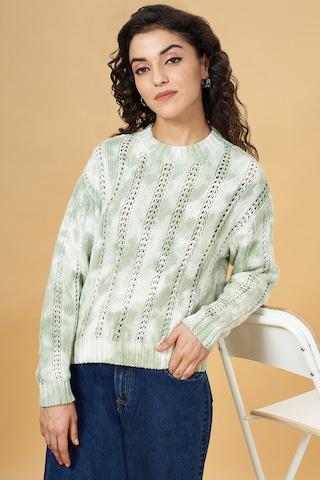 green textured casual full sleeves round neck women slim fit  sweater