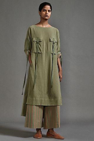 green textured cotton straight-fit safari tunic