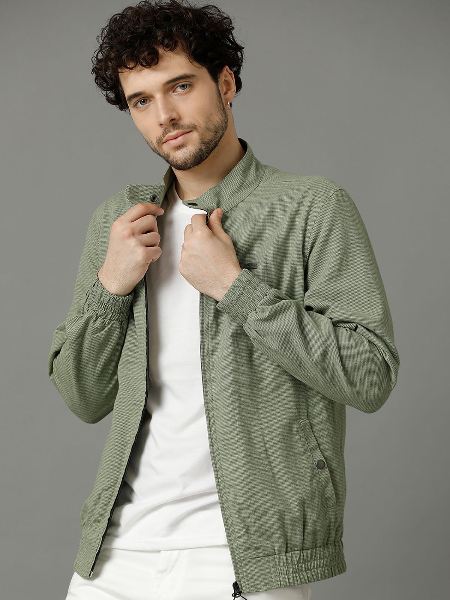 green textured full sleeve cotton linen jacket for men