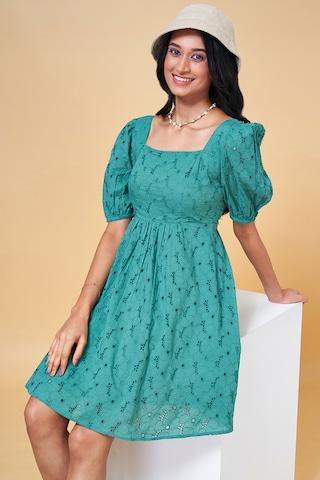 green textured knee length casual women flared fit dresses