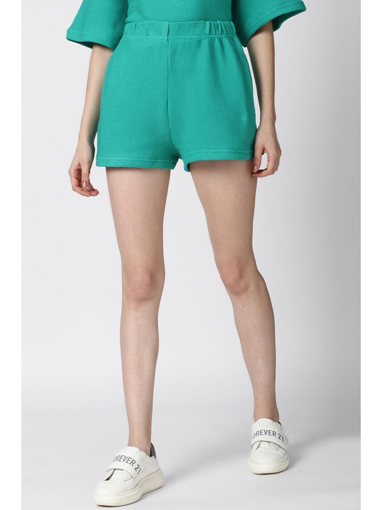 green textured knit shorts