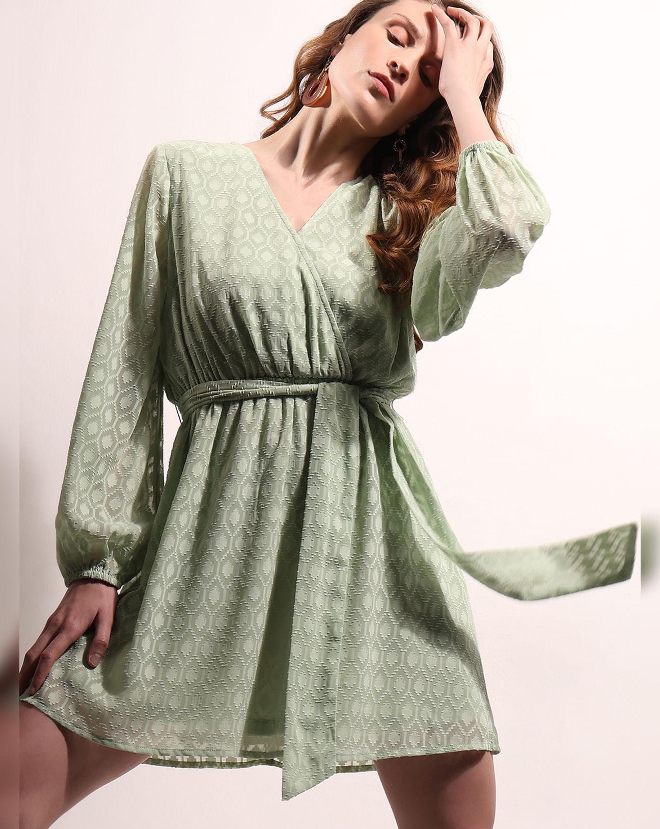 green textured wrap dress