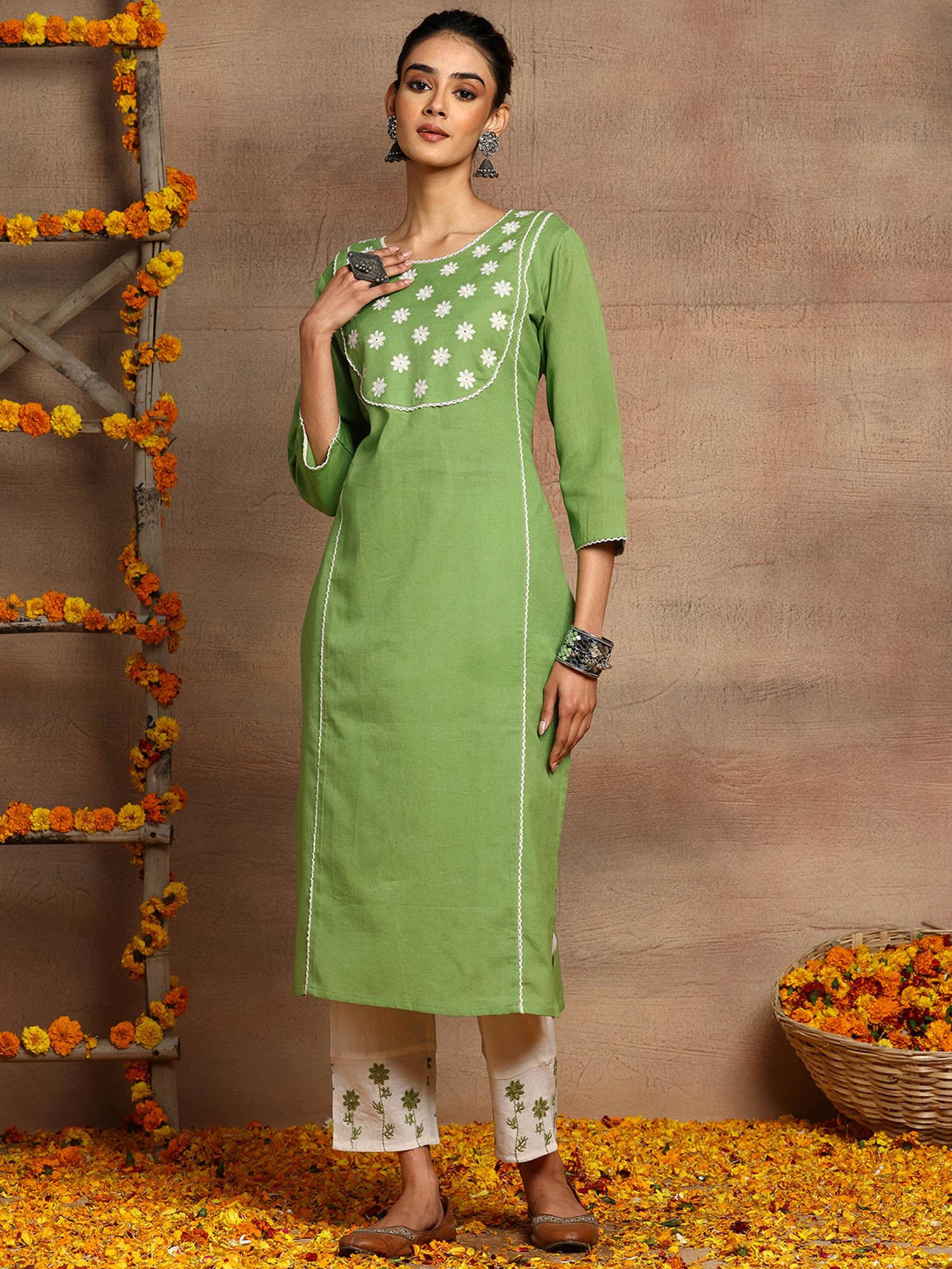 green thread embroidered cotton kurta and pants (set of 2)