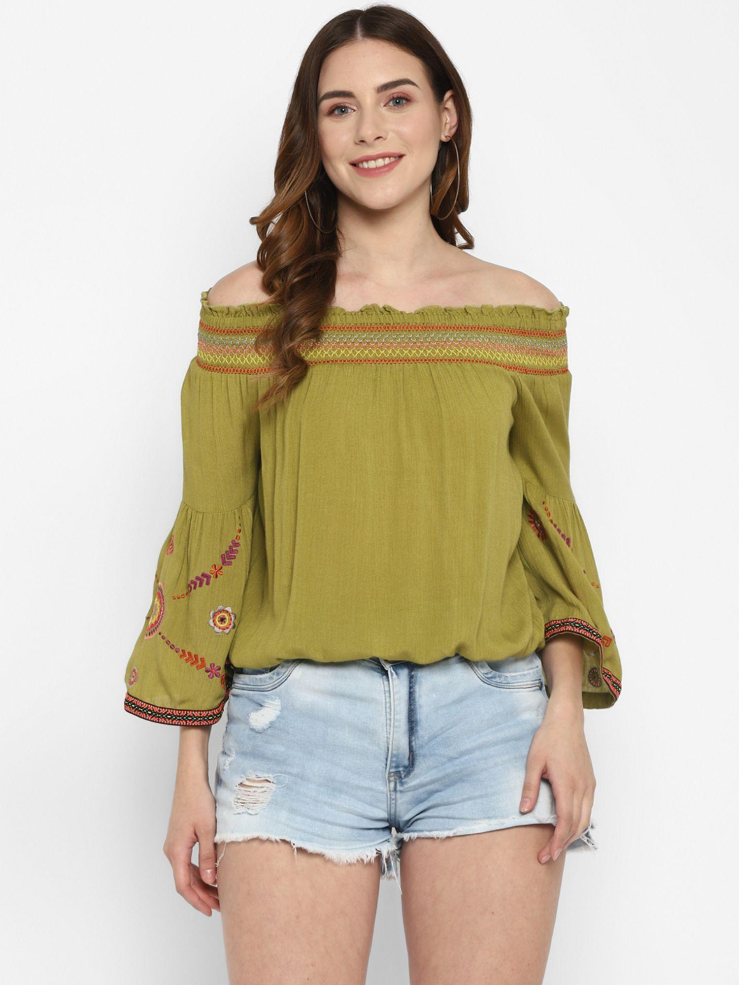 green thread on thread off shoulder top