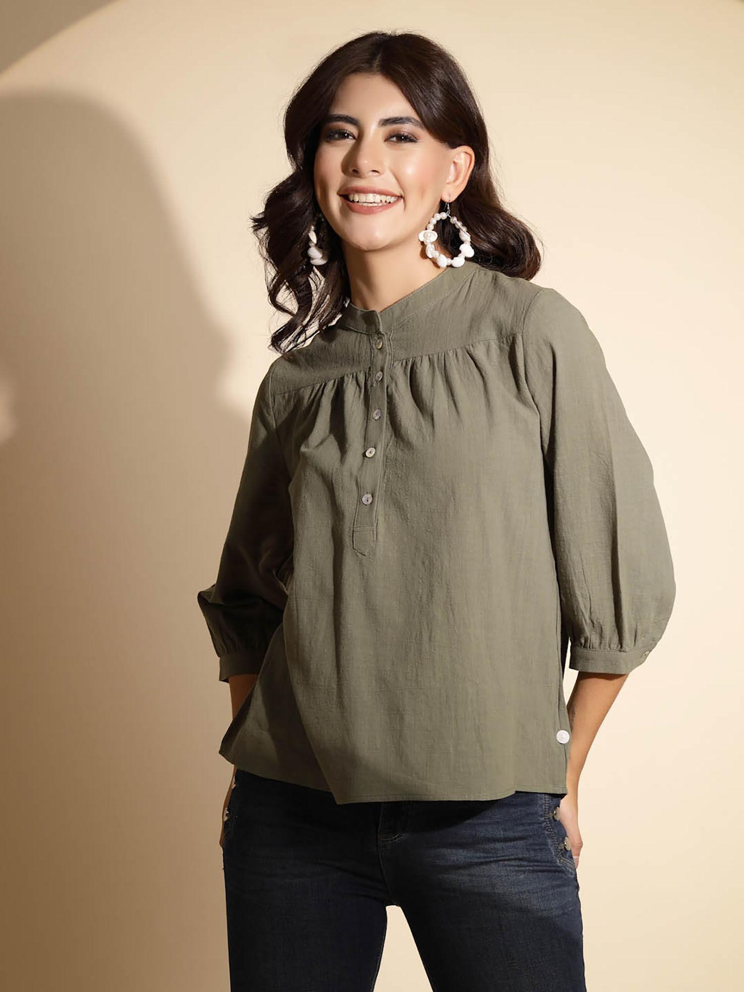 green three fourth sleeve cotton blouse