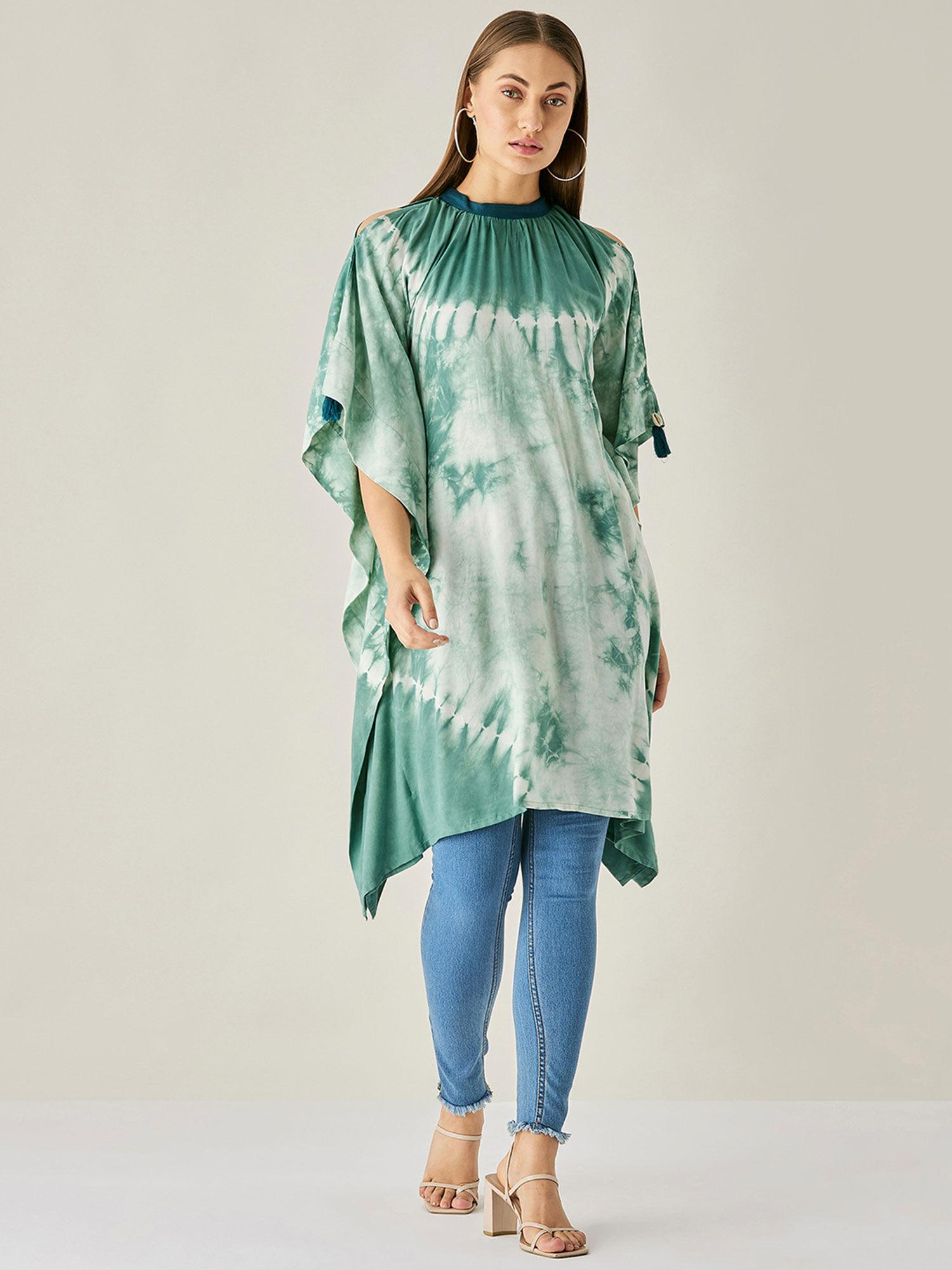 green tie & dye tops tie tie dye cut shoulder kaftan tunic