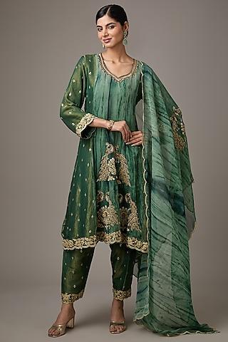 green tissue dori hand embroidered anarkali set