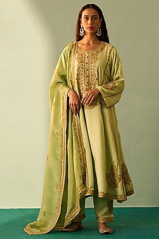 green tissue embroidered choga set