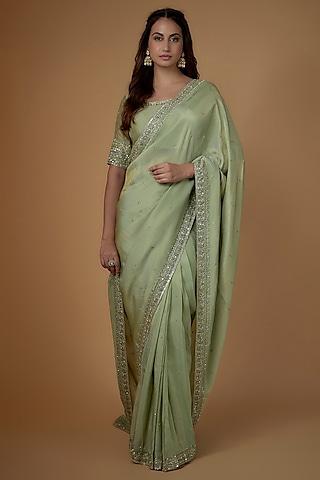 green tissue georgette glass beads embellished saree set