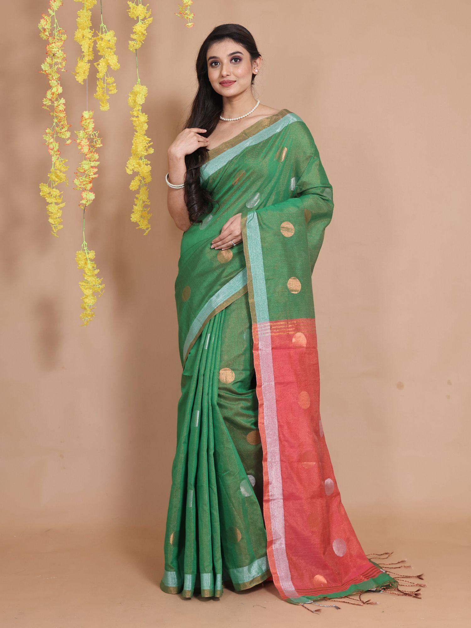 green tissue handwoven dual borders & round zari motifs saree with unstitched blouse