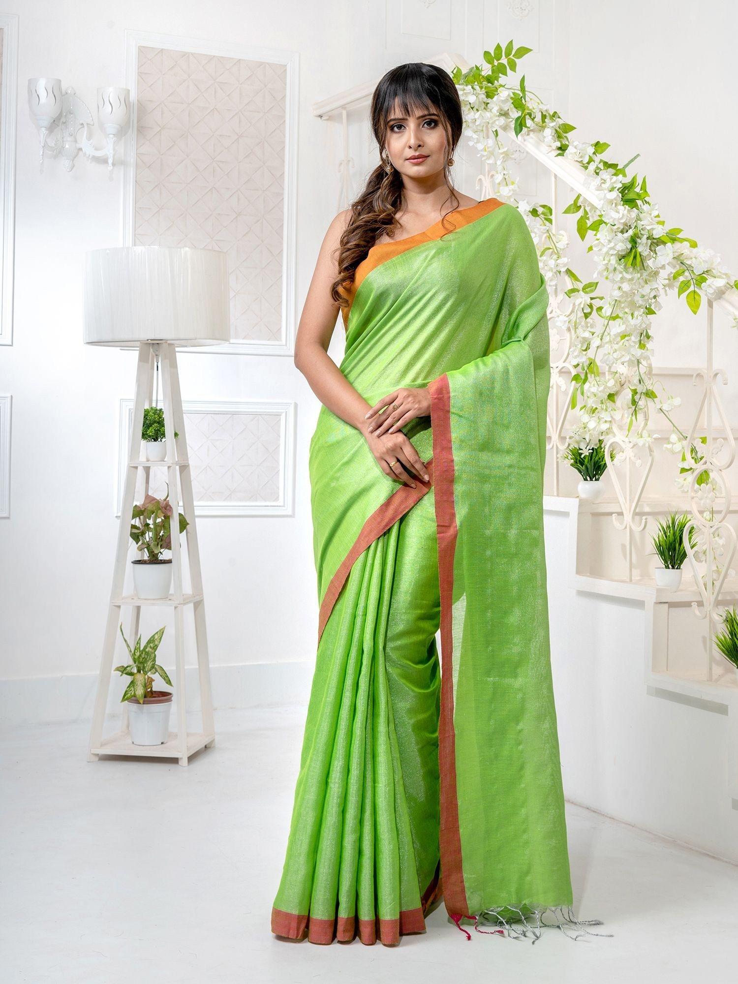 green tissue handwoven soft saree with unstitched blouse