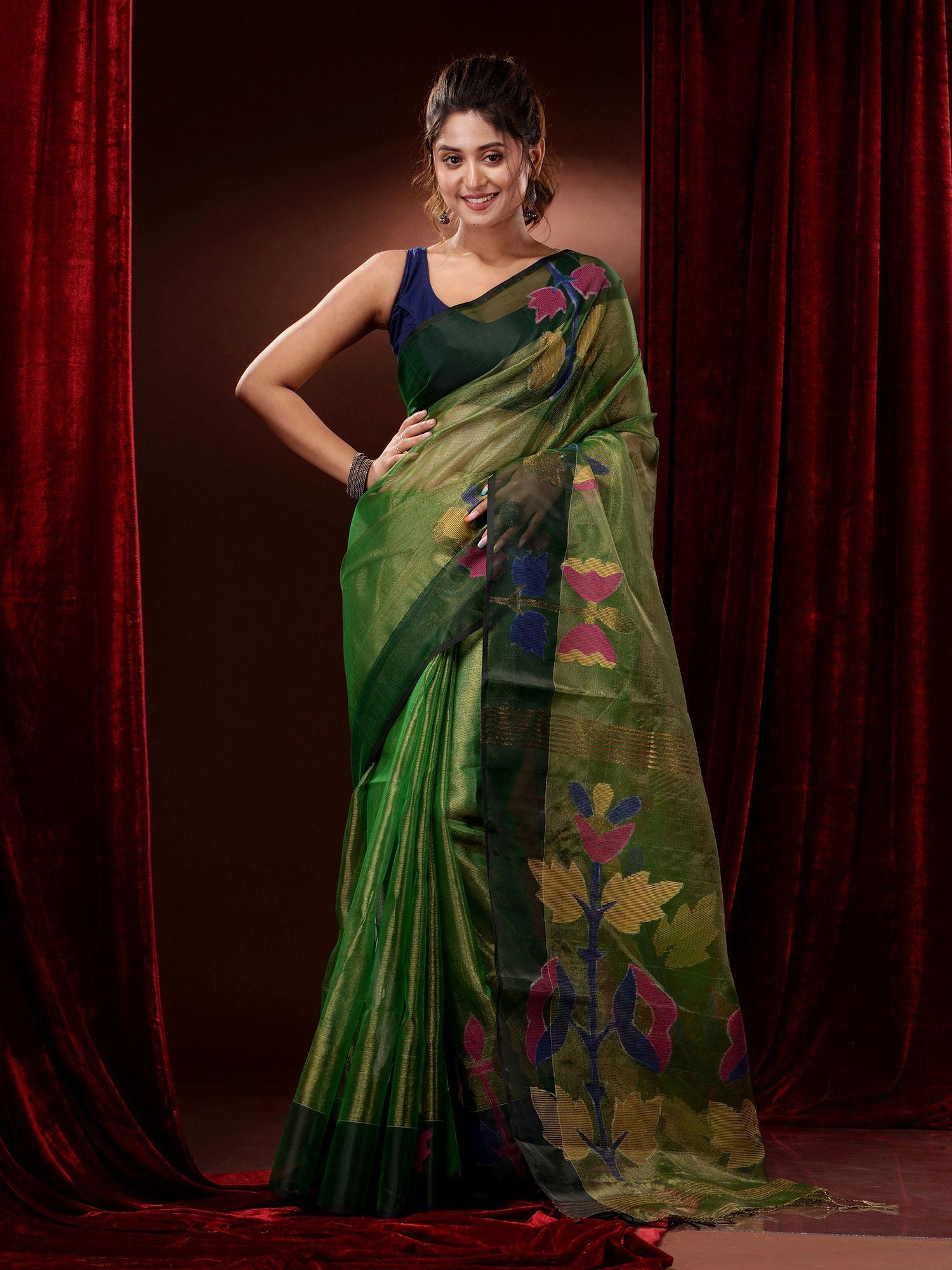 green tissue muslin handwoven multicolour floral motifs saree with unstitched blouse