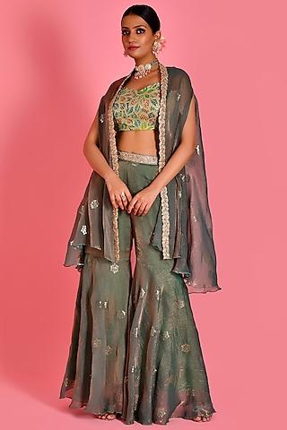 green tissue organza & georgette embroidered cape set