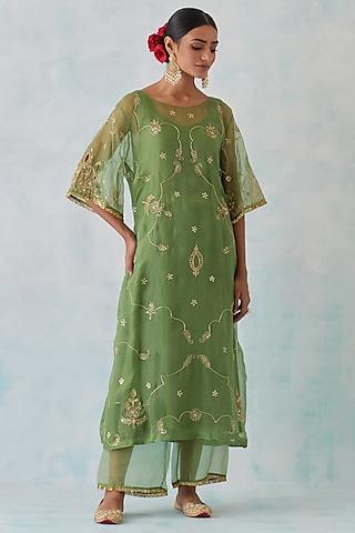 green tissue organza embroidered kurta set