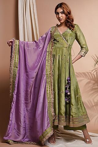 green tissue silk cutdana & resham embroidered anarkali set