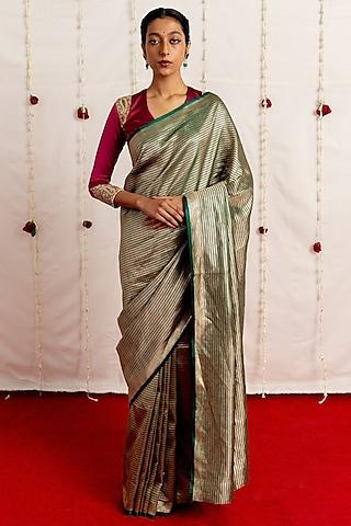 green tissue silk embroidered woven saree